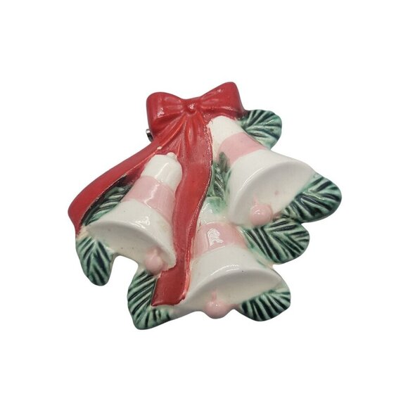 Holland Mold Christmas Brooch Handmade Handpainted Bells Holly Ribbon Vintage - Picture 6 of 9